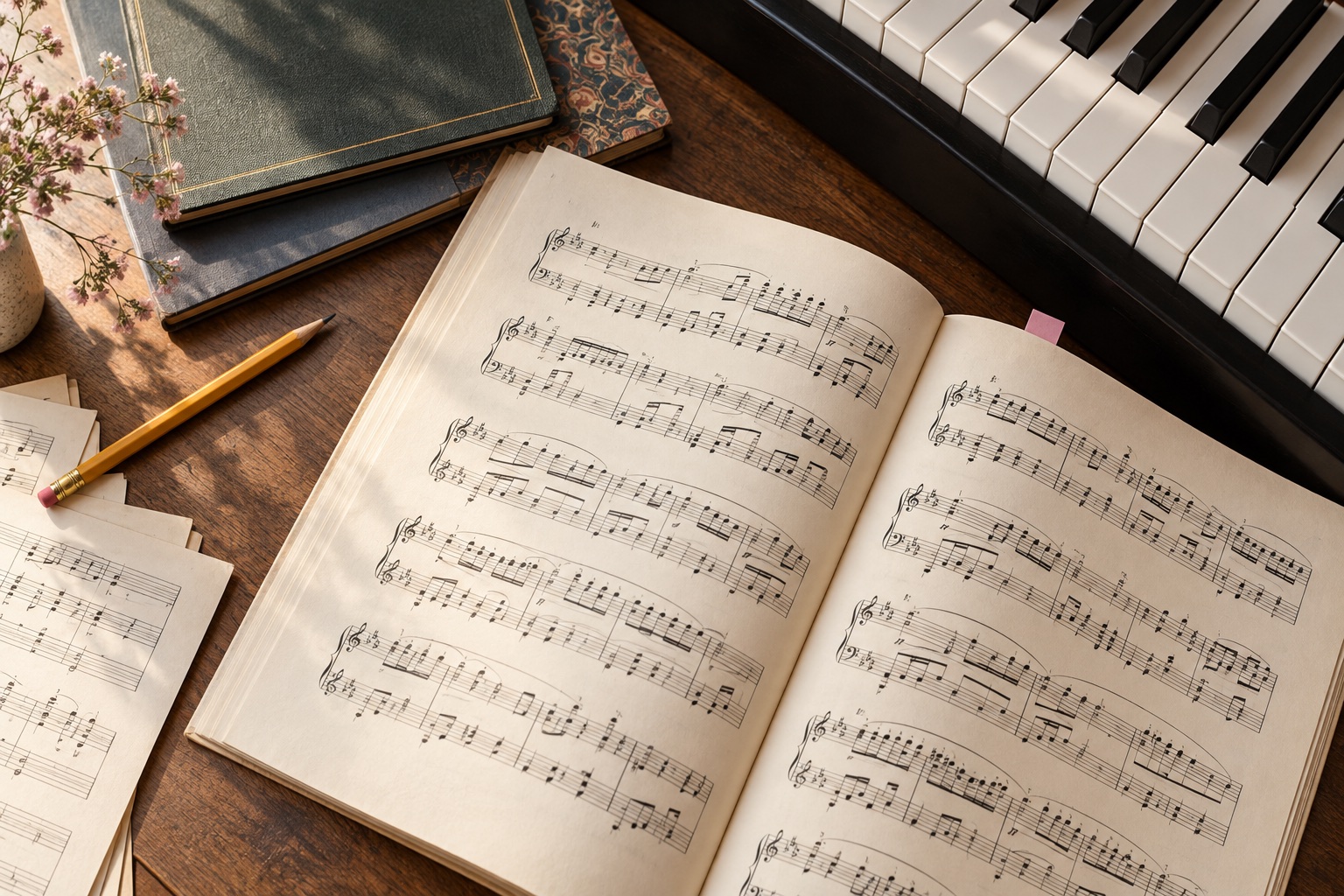 Illustrative still life of open sheet music, folios, a pencil and piano keys
